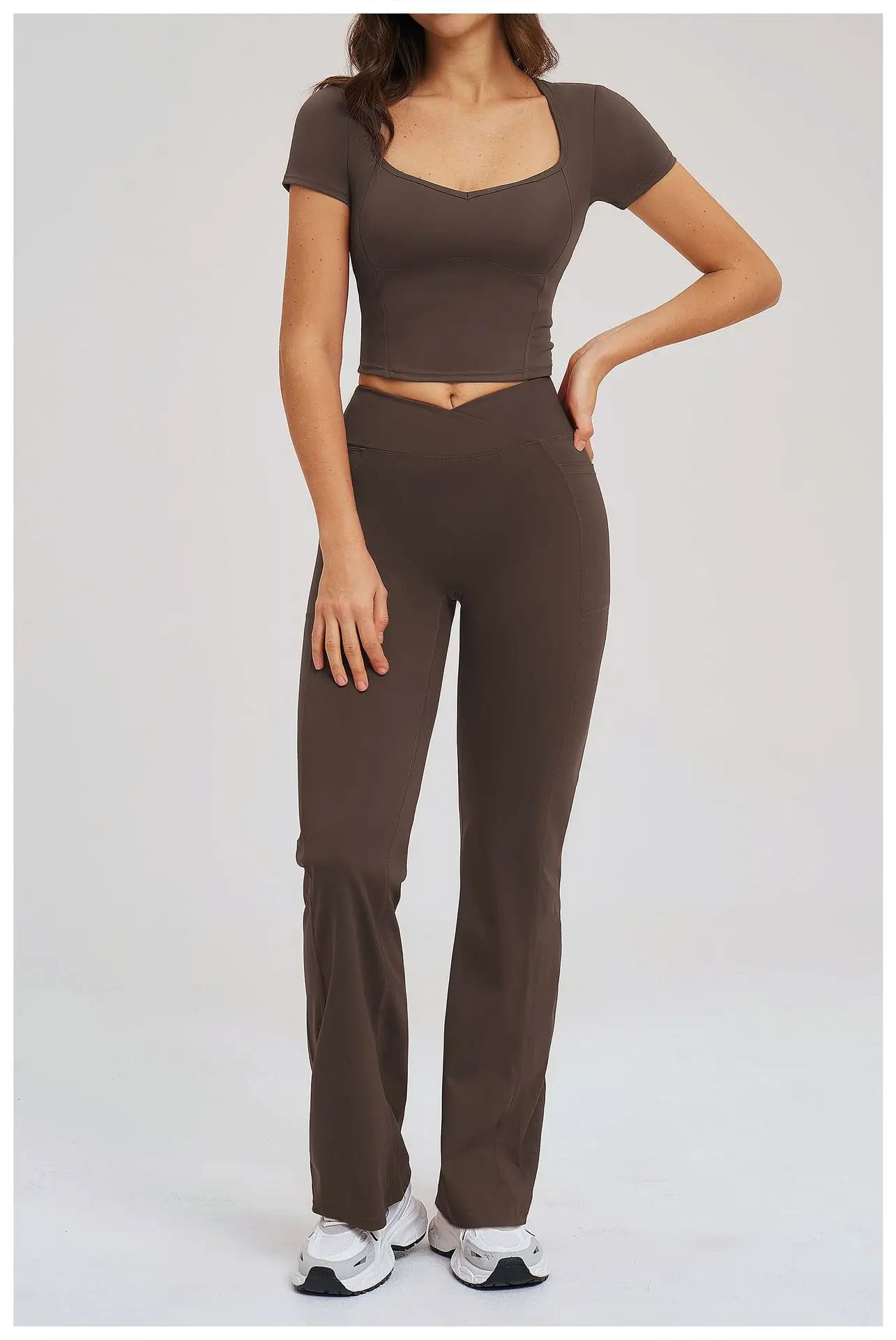 2PCS Women's Yoga Tracksuit midriff-baring short sleeve top high waist Bell-bottom Women Gym Running Training Workout Yoga Set