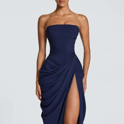 Elegant Yellow Strapless Pleated Dress Women Chic Sleeveless Waist Cinching Split Maxi Gowns 2026 Summer Lady Evening Party Robe