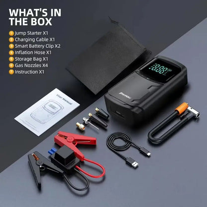 Car Jump Starter with Air Compressor Peak 5000A Auto Battery Booster 150PSI Air Pump Portable Power Bank Tire Inflator Lighting
