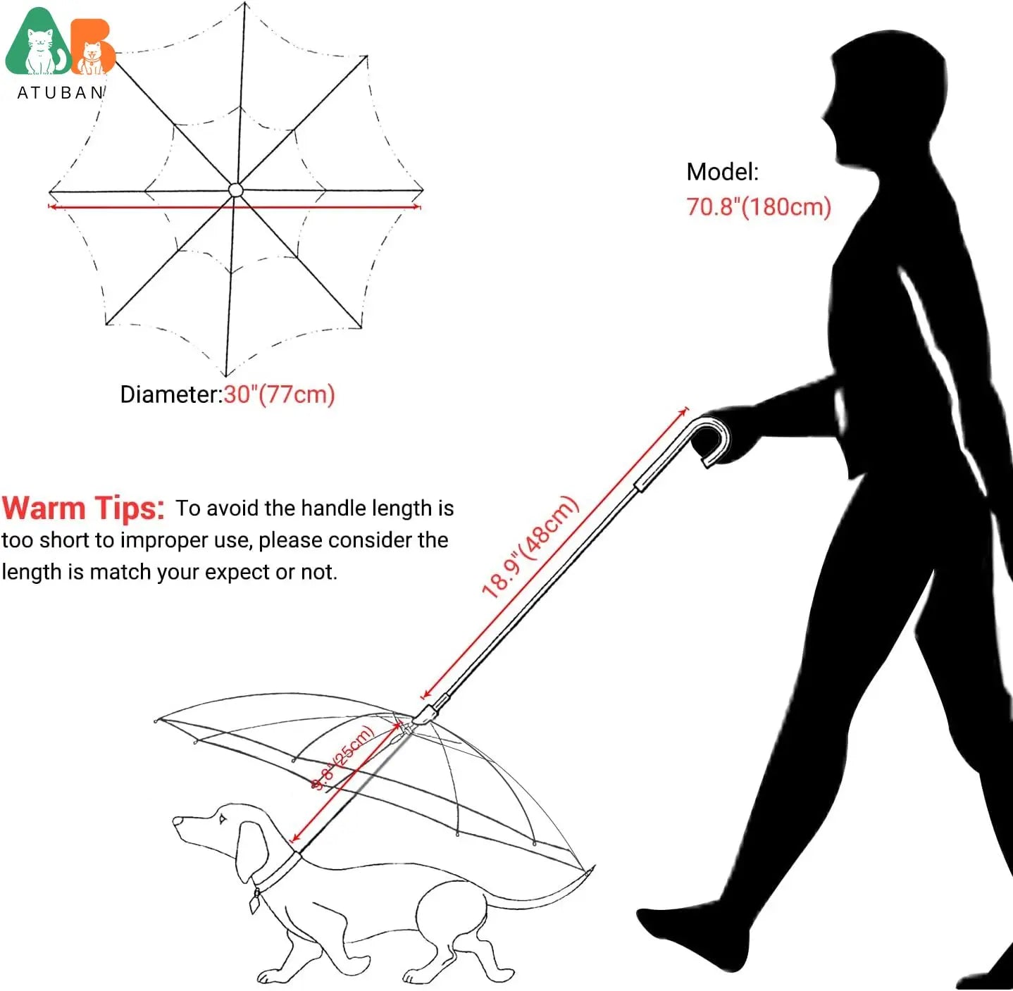 ATUBAN Dog Umbrella with Leash for Small Pets, Umbrella for Dogs Fits 20” Back Length Pets,J-Shape Handle,Clear Umbrella Surface