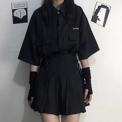 Gothic Skirt Set Loose Shirt Pleated Mini Skirts 2 Piece Sets Korean Retro Casual Outfits Women Spring Summer Aesthetic Y2k Suit
