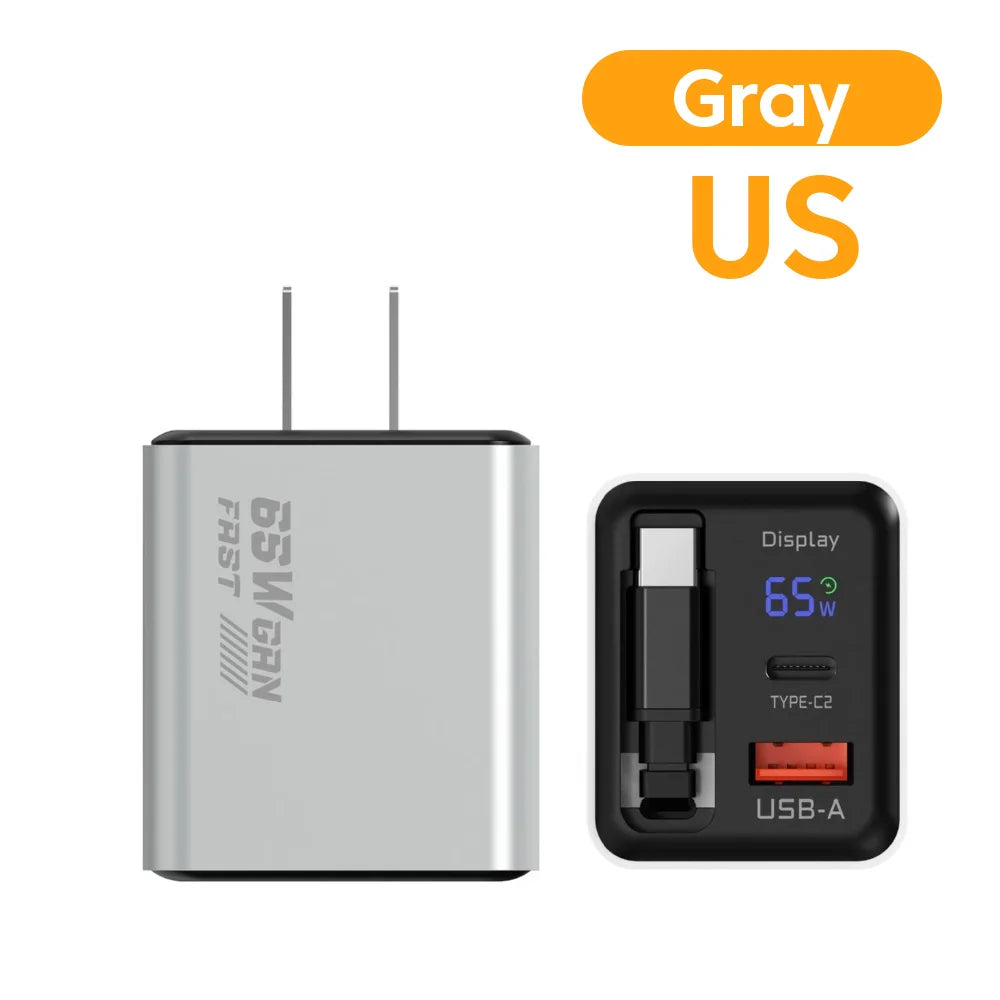 65W USB C GaN Charger Wall Charger Power Adapter Digital Display With Retractable Type C Cable For iPhone 17 16 Samsung Xiaomi