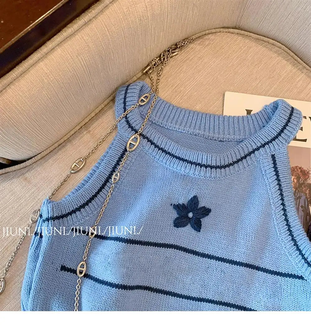 Women's Clothing Fashionable Slim O-neck Knitted Tanks Summer Sexy Chic Geometric Embroidery Sleeveless Tops