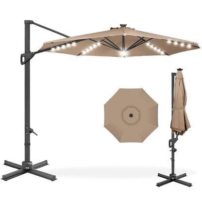 10ft Solar LED Cantilever Patio Umbrella, 360-Degree Rotation Hanging Offset Market Outdoor Sun Shade for Backyard,, Customized