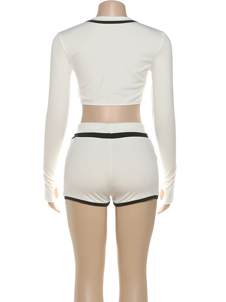 Joskaa 2025 Women's Patchwork Sporty 2 Piece Set Casual Full Sleeve Zip Crop Tops+Shorts Matching Tracksuits Y2k Streetwear