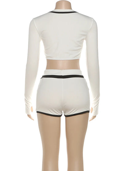 Joskaa 2025 Women's Patchwork Sporty 2 Piece Set Casual Full Sleeve Zip Crop Tops+Shorts Matching Tracksuits Y2k Streetwear