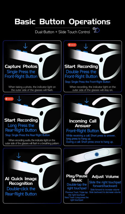 2025 New Intelligent AI Glasses 800W Pixel Camera HD 4K Video Recording AI Translation Music Control Intelligent Wearable Device
