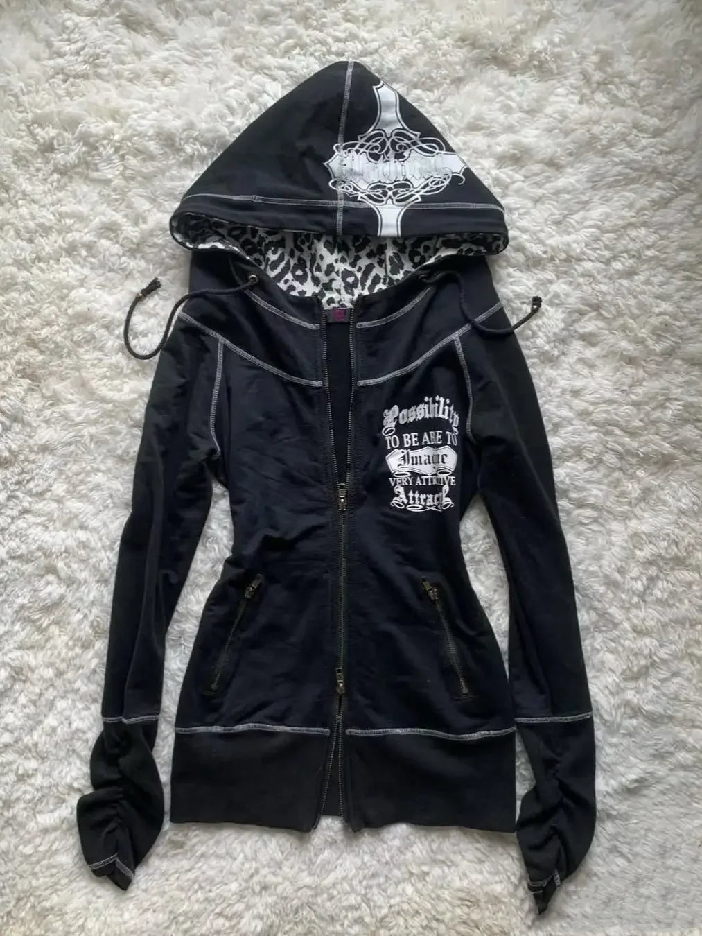 American street hot girl retro print black classic zipper hoodie women's y2k hip-hop trend temperament slim design jacket