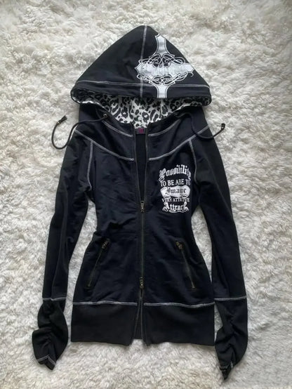 American street hot girl retro print black classic zipper hoodie women's y2k hip-hop trend temperament slim design jacket