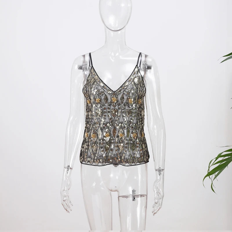 Sexy Sequins Beaded Camisoles Women Glitter Sleeveless Backless Pleated Sling Crop Tops 2026 Spring Summer Club Party Tank Lady
