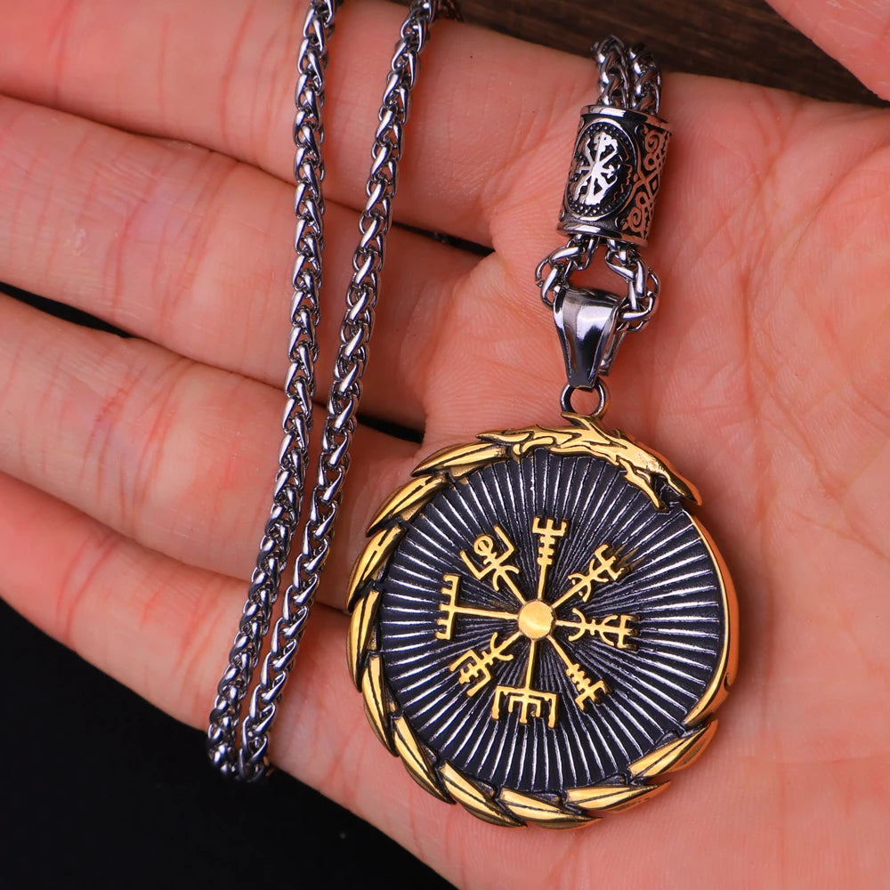 Vintage Vegvisir Viking Compass Pendant Necklace for Men Stainless Steel Fashion Nordic Amulet Beaded Necklace Jewelry Wholesale