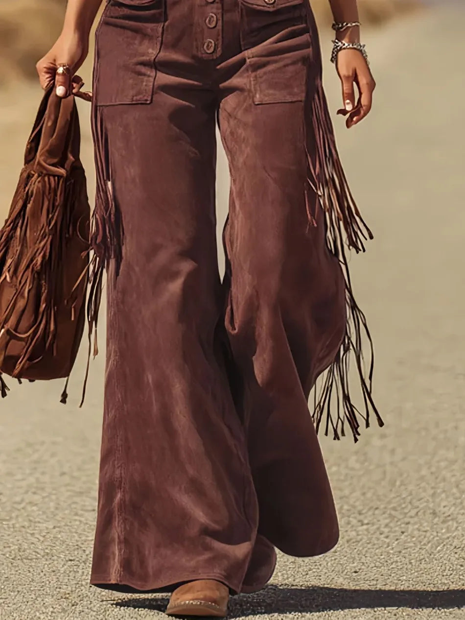 Spring Autumn New in Women's Personalized Retro Suede Tassel Wide Leg Pants Casual Loose Pocket Strap Work Pants Pants