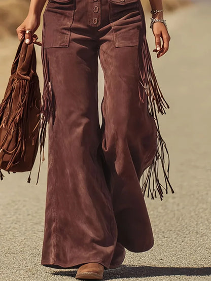 Spring Autumn New in Women's Personalized Retro Suede Tassel Wide Leg Pants Casual Loose Pocket Strap Work Pants Pants