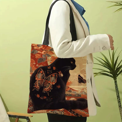 Classic Black And White Cat Tote Bag With Cat Print, Reusable Shoulder Shopping Beach Bag For Women, Durable Casual Carryall