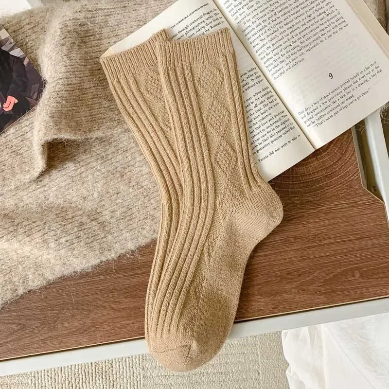 3Pairs Winter Cashmere Wool Socks Women's Winter Diamond Thicken Warm Black White Pack Set Thermal Japanese Fashion Solid Color