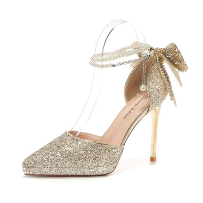 Shiny Glitter Bow Pearl Chain High Heels Wedding Banquet Dress Wedding Shoes Women's Shoes