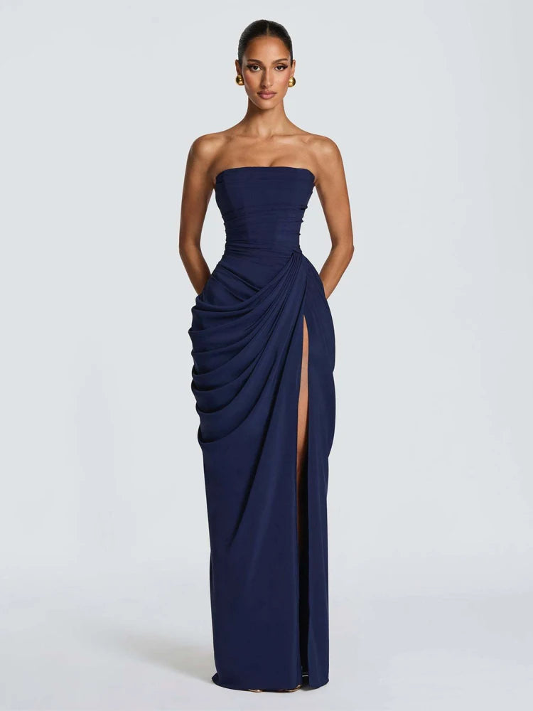 Elegant Yellow Strapless Pleated Dress Women Chic Sleeveless Waist Cinching Split Maxi Gowns 2026 Summer Lady Evening Party Robe