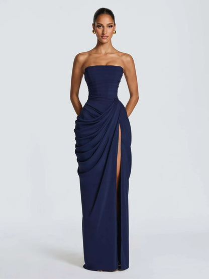 Elegant Yellow Strapless Pleated Dress Women Chic Sleeveless Waist Cinching Split Maxi Gowns 2026 Summer Lady Evening Party Robe