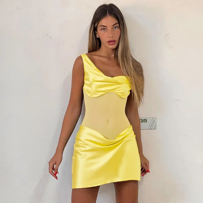 Oniflyme Mesh Patchwork Satin Mini Dress Women Inclined Shoulder Backless Ruched Slim Party Outfits Sleeveless Bodycon Dresses