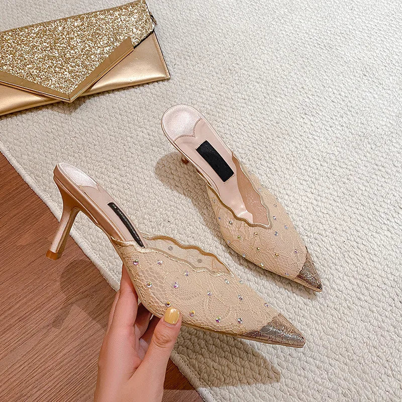 Luxury Rhinestones Mesh Lace Women Pumps Sandals Summer Elegant Pointed Toe 8cm Thin High Heels Mulse Sides  Fashion Party Shoes
