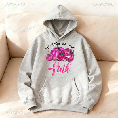 In October We Wear Pink Sweatshirt Retro Pumpkin Hoodies Breast Cancer Awareness Fighter Tops Pink Bow Ribbon Women Streetwear