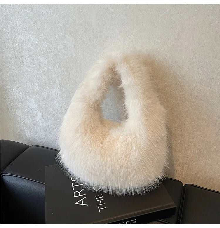 Solid Color Faux Fur Bag for Women Winter Soft Plush Handbags Ladies Small Elegant Tote Bags Fashion Trend Female Furry Purse