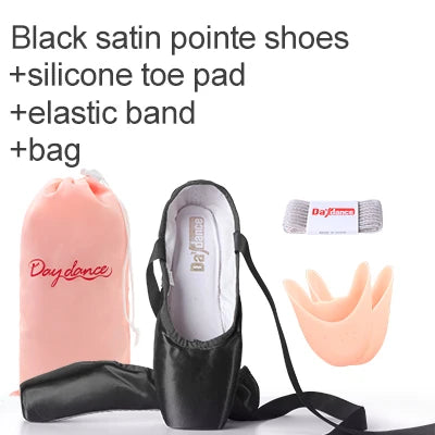 Black Satin Ballet Pointe Shoes Ladies Professional Ballet Shoes Girls Women Ballerina Shoes With Ribbons