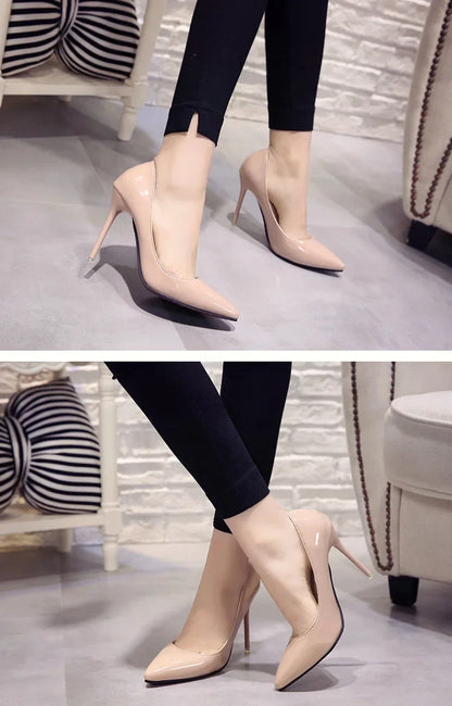 Nude Pumps for Women High Heel Shoes Female Fashion Patent Leather Sexy Pointed Toe Thin Heel Wedding Shoes Plus Size 34-44