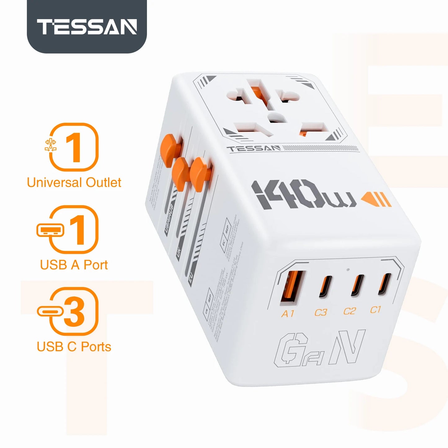 TESSAN International Plug Adaptor GaN Travel Adapter with Universal Outlet 1 USB A 3 Type C Fast Charger for EU/UK/USA/AUS