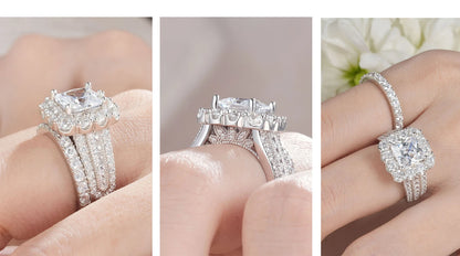 Newshe 2Pcs 925 Silver Wedding Rings Set for Women Halo Princess Cut White Cubic Zircon Vintage Luxury Jewelry Engagement Ring