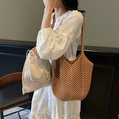 Chic Simple Lady Large Capacity Shoulder Bags Shopping Beach Bag for Women Casual Straw Woven Tote Bag Female Handbag Purses