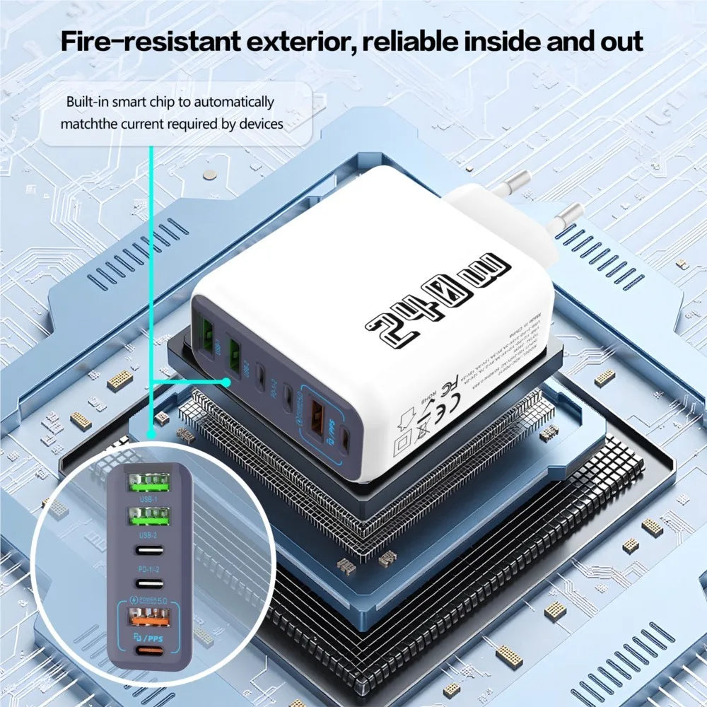 240W GaN Charger 2 Port USB C + USB A Fast Wall Charger UK/EU Plug PD Super Fast Charging For iPhone Samsung iPad Android Phone