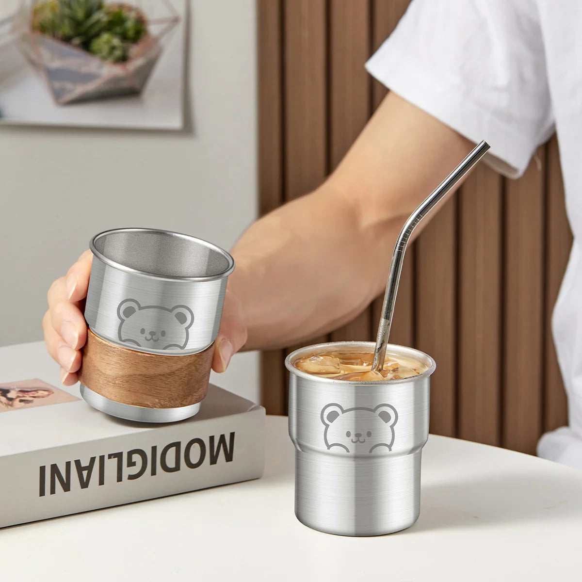 WORTHBUY 300ML Cute Little Bear Water Mug 304 Stainless Steel Coffee Cup With Wooden Anti Scald Pad Office Workers Tumbler