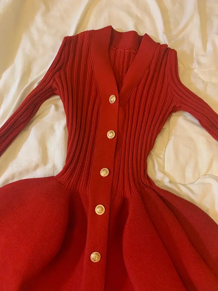 Elegant Vintage V-neck Red Dresses Y2k Slim Fit Knitted Dress for Women Spring Autumn New Long Sleeve Vestidos De Mujer