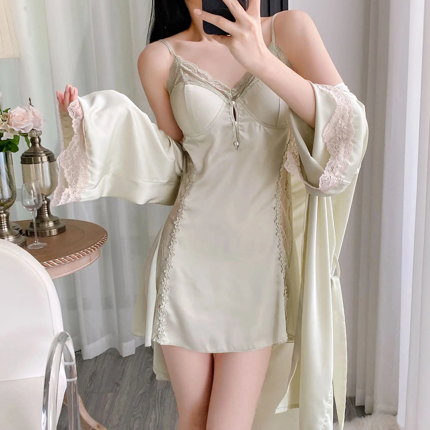 Twinset Lace Bathrobe Gown Set Women Robe Nightgown Lingerie Sleepwear Set Summer Kimono Silky Satin Nightsuits Dress Loungewear