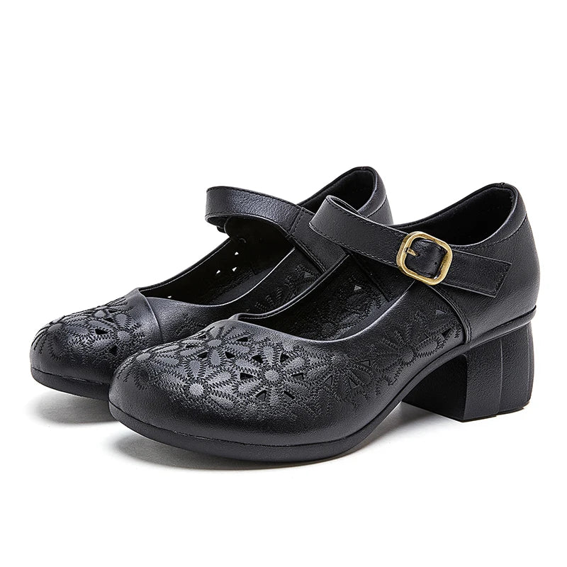 DIMANYU Women Floral Hollow Mary Jane Shoes Genuine Leather Mid Heel Summer Comfort Mother Shoes Ladies Dress Sandals