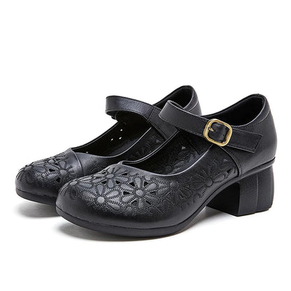 DIMANYU Women Floral Hollow Mary Jane Shoes Genuine Leather Mid Heel Summer Comfort Mother Shoes Ladies Dress Sandals