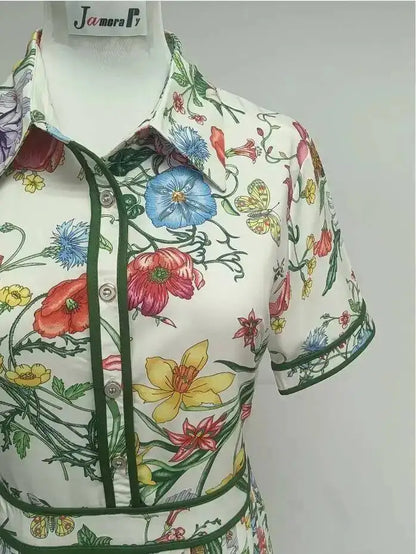 JAMERARY Runway Design Fashion Floral Print Elegant Summer Pleated Midi Long Dress Shirt Street Casual Lady Office Work Dresses