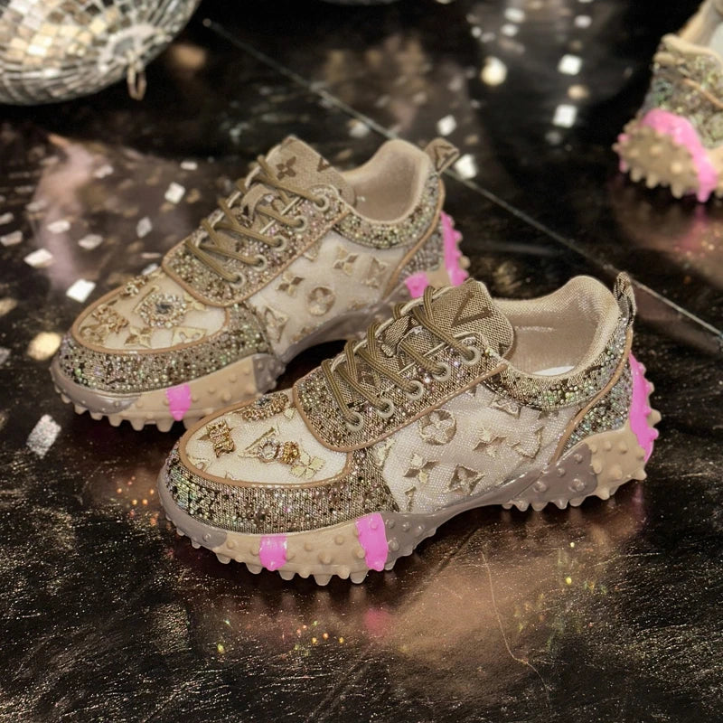 Luxury Designer Women's Sneakers Fashion Luxury Rhinestone Ladies Shoes 2025 New Outdoor Platform Female Sports Shoes Vulcanize