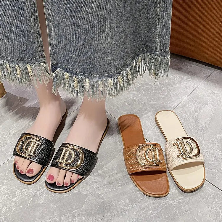 Women Luxury Decor Weave Design Flat Sandals Fashion Open-toe Vacation Casual Slides Party Sexy Elegant Office-Ladies New Shoes
