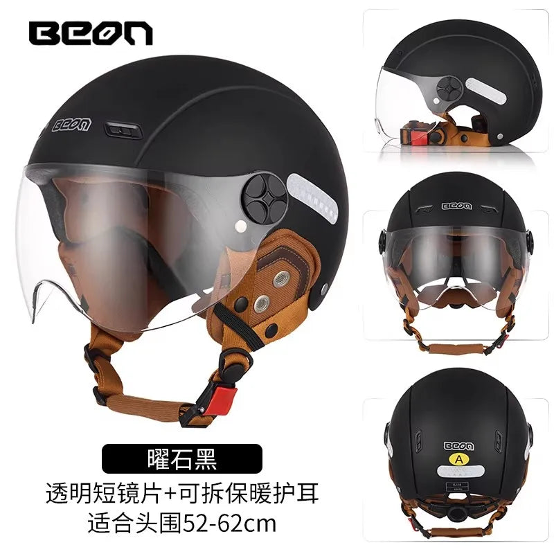 BEON Light Helmet Electric Motorcycle Lightweight Half Helmet Detachable Warm Ear Protection Capacete De Motocicleta