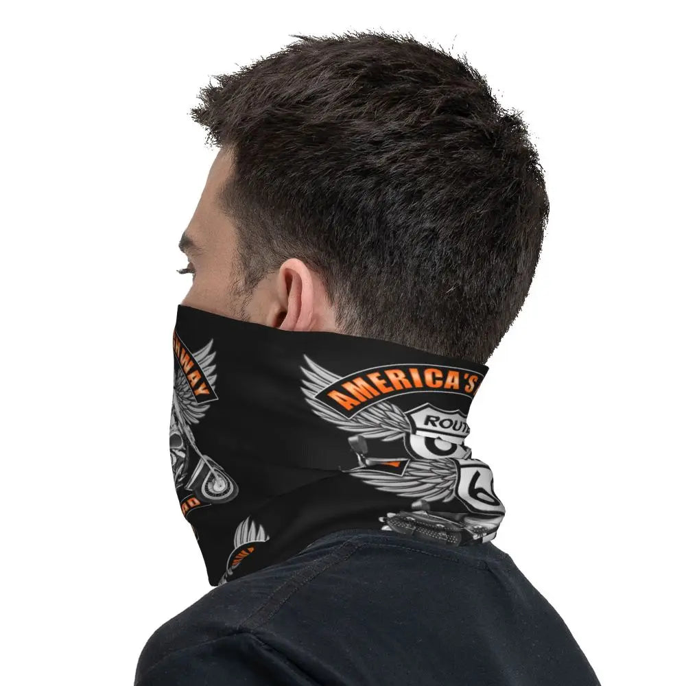 Custom Travel Motorcycle Ride Route 66 Bandana Winter Neck Warmer Windproof Wrap Face Scarf for Hiking Highways Gaiter Headband