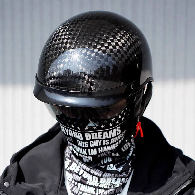    Best Seller Carbon Fiber Retro Motorcycle Half Face Helmet with Comfortable Lining Protective Goggles Helmet Factory Wholesale