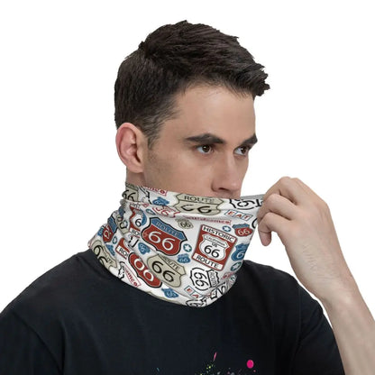 Custom Travel Motorcycle Ride Route 66 Bandana Winter Neck Warmer Windproof Wrap Face Scarf for Hiking Highways Gaiter Headband