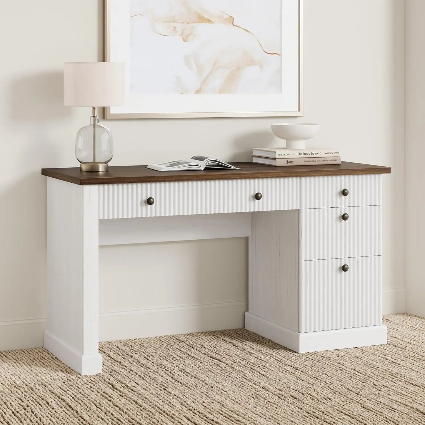54" Modern Executive Desk with Charging Station Fluted Wood Computer Desk with File Cabinet & Drawers Home Office Furniture