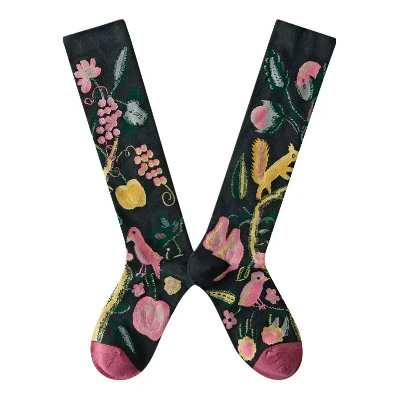 Socks Women's High Tube Calf Knee-length Socks Retro Illustration Art Abstract Street Autumn and Winter Cotton Socks High Sock