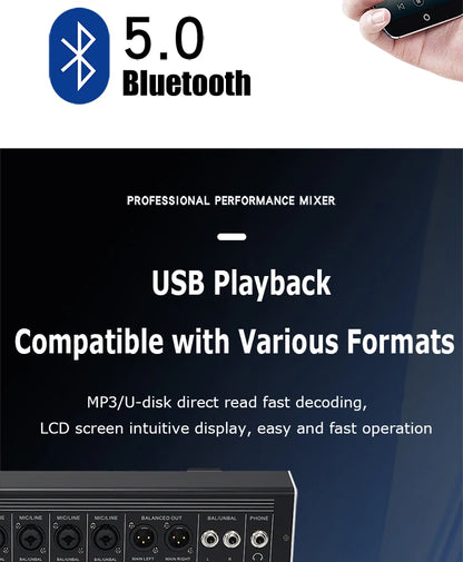 8/12 Channel Digital Mixer Audio Console 100 DSP Effects Bluetooth USB MP3 DJ Reverberation Sound Mixing Console