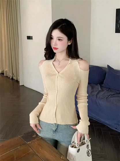 Women Clothing Autumn Fashion Simplicity All-match Screw Thread Knitting Female Solid Color V-neck Slim Sweater Pullovers Tops