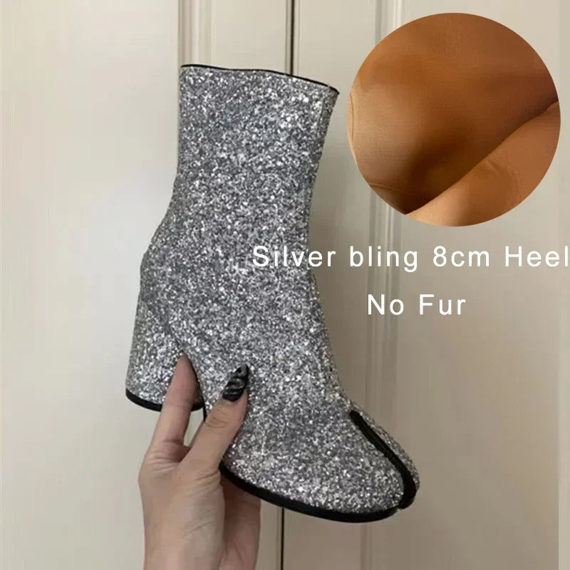 Luxury Brand Designer Tabi Split-toe Ankle Boots Women Genuine Leather Chunky Round Heel Short Boots 2024 Autumn Winter Shoes