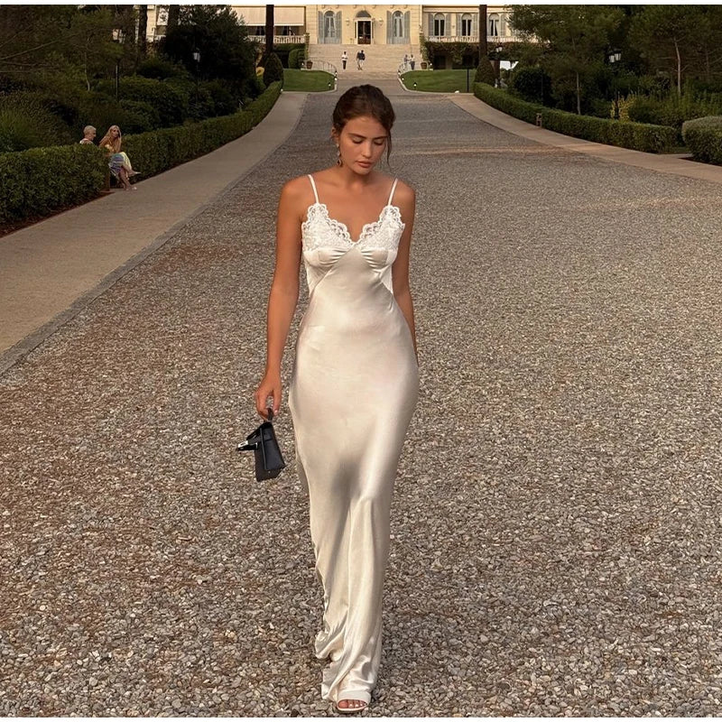 Lace Patchwork Sling Women's Dress Sexy Solid V-neck Sleeveless Backless Stain Female Maxi Dress 2026 Elegant Summer Party Gowns